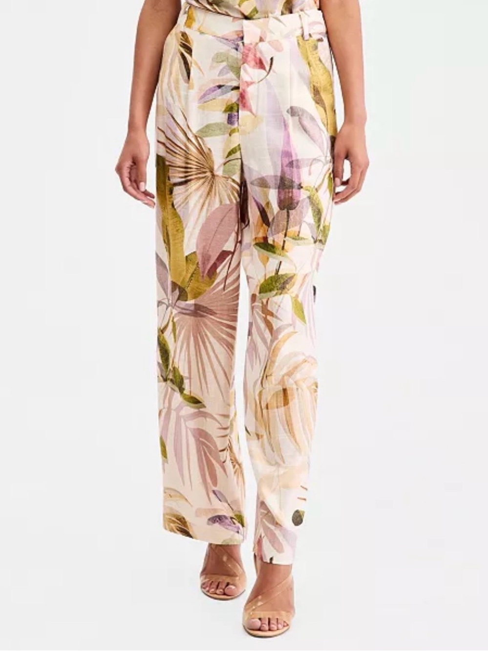 Guess Cream Wide-Leg Pants with Pink & Green Tropical Print